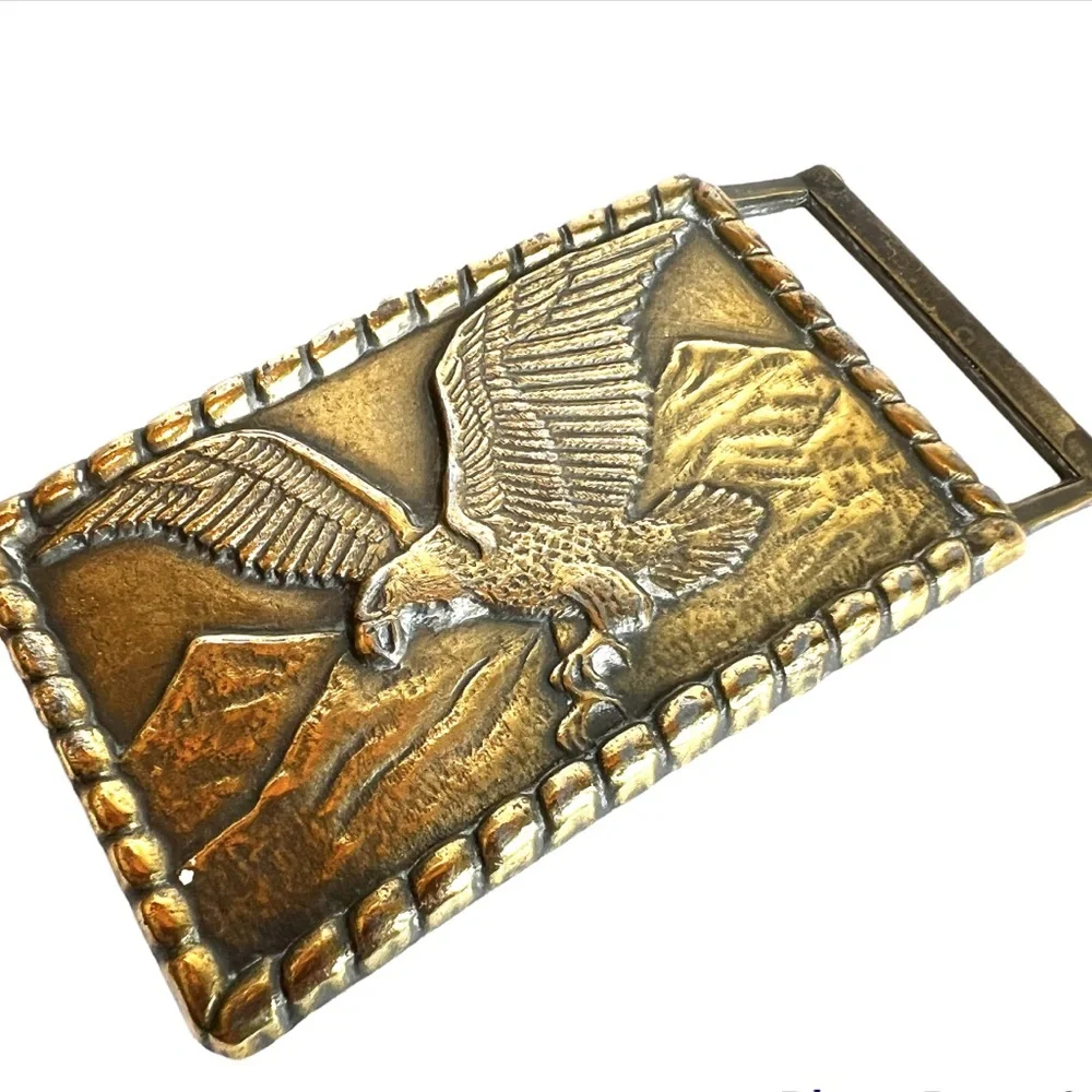 Vintage Belt Buckle Brass Bald Golden Eagle Raptor Changeable Freedom Mountains